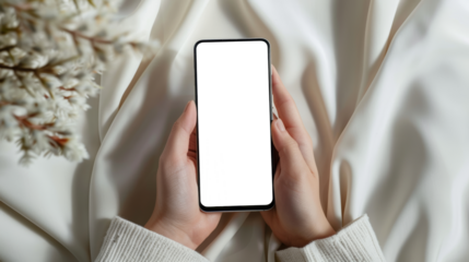 Holding Smartphone Mockup with transparent Screen, Female Hands
