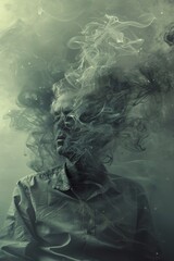 Idling man. Surreal portrait of a man with his head transforming into smoke, blending with a foggy background, illustrating the concept of thoughts fading away
