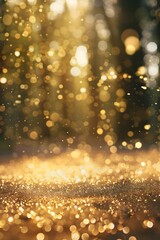 gold glitter, sparkling and shining with a bokeh effect blurred forest in the background