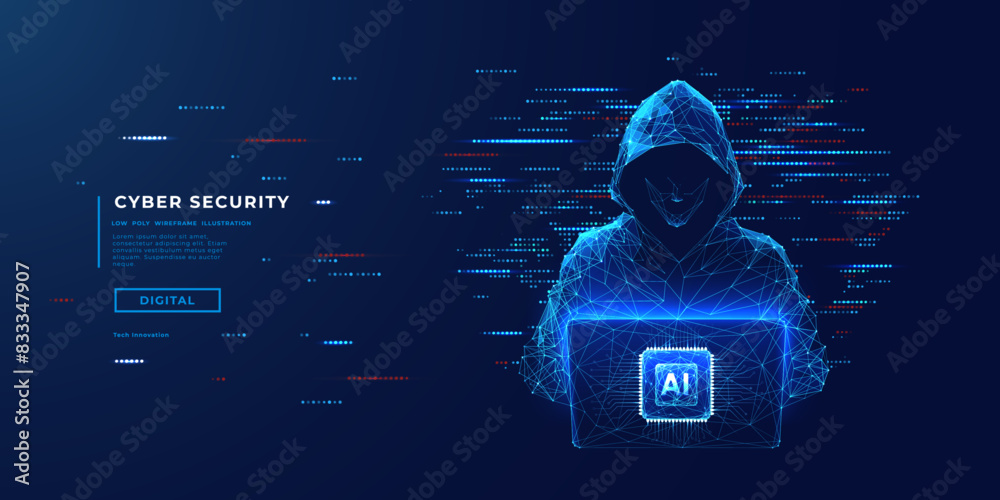 Poster Abstract digital anonymous hacker with light blue laptop and AI chip. Technology electronics background. Computer chip and glitch data flow. Tech artificial intelligence bg. Vector illustration