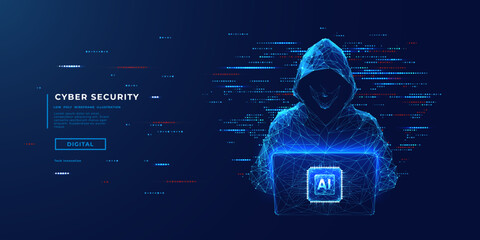 Abstract digital anonymous hacker with light blue laptop and AI chip. Technology electronics background. Computer chip and glitch data flow. Tech artificial intelligence bg. Vector illustration