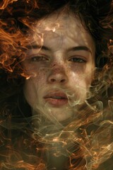 Intense portrait of a woman with her face enveloped in flames, her gaze piercing through the smoky veil, illustrating the fiery idleness of a mind lost in thoughts, idling