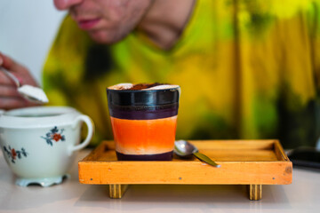 Capuccino, mocha, latte,americano, espresso hot coffee aroma in cup breakfast morning drink on wooden table and sugar, vintage bar.copy space