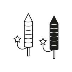 Firework rockets with stars. Vector celebration icons. Black and white.