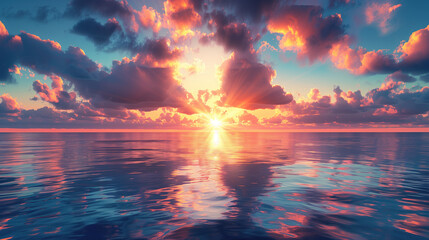 Beautiful sunset reflected in the calm waters of the sea with the evening sky and clouds