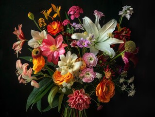  A vibrant bouquet of assorted flowers in full bloom, arranged artfully to showcase their natural beauty. 