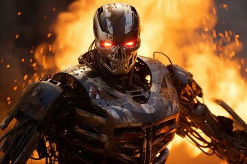 Futuristic robot with red eyes stands menacingly with a conflagration in the background