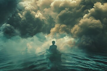 Surreal image of a lone man rowing a small boat in vast, stormy waters under a tumultuous sky filled with dark and swirling clouds, symbolizing a journey through chaos and uncertainty, idling