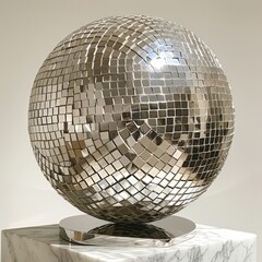 Reflective disco ball on marble pedestal