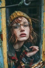 Close-up portrait of a young redhead woman looking through a vintage window, wearing a knitted hat and glasses, her expression reflective and melancholic, photo of slacker