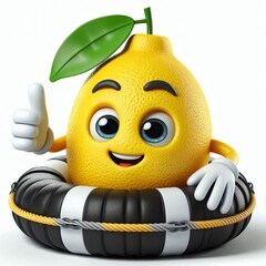 lemon wearing swimming tire cartoon , 3d gENERATIVE ai