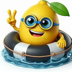lemon wearing swimming tire cartoon , 3d gENERATIVE ai