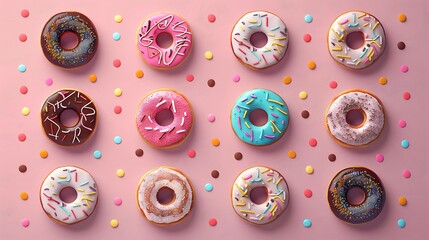 Vintage seamless pattern with colorful donuts and flowers on a pink background for Easter decoration