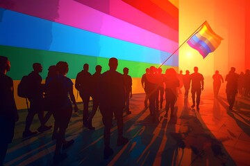 Naklejka premium Pride parade illustration with people and rainbow flag in sunlight