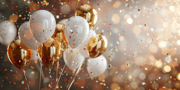Gold and white balloons with confetti on a festive background, creating an elegant and celebratory atmosphere perfect for sophisticated parties and events

