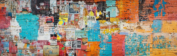 Fototapeta premium A brick wall covered in colorful posters