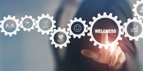 Employee wellness, representing physical activity, mental health, happiness and growth. The image...