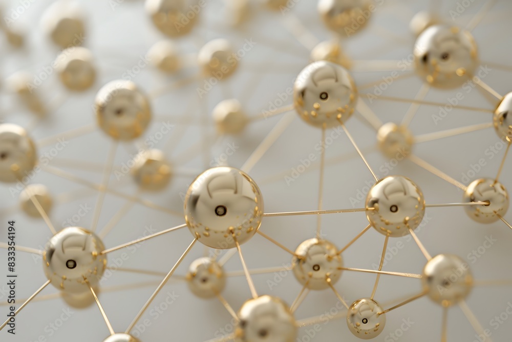 Poster a pattern of interconnected gold spheres forming an intricate geometric network on light grey backgr