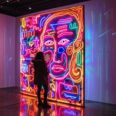 vibrant neon art installation with abstract face