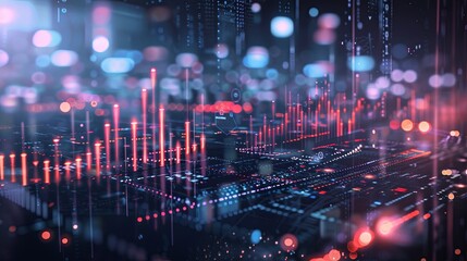Obraz premium Abstract glowing big data forex candlestick chart on blurry city backdrop. Trade, technology, investment and analysis concept. Double exposure