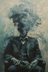 Surreal artwork of a man in a suit with his head transforming into wisps of smoke, symbolizing thoughts and ideas dissolving into the ether, idling man