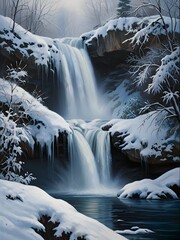 Winter Waterfall Landscape Nature Oil Painting Art
