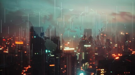 Fototapeta premium Double exposure of abstract financial graph with world map on office buildings background, forex and investment concept