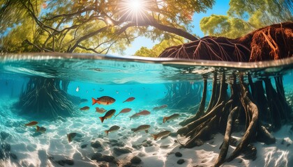 A peaceful lagoon with crystal-clear turquoise water, where a variety of tropical fish swim