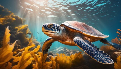 A serene underwater scene featuring a gentle sea turtle swimming gracefully through a forest 