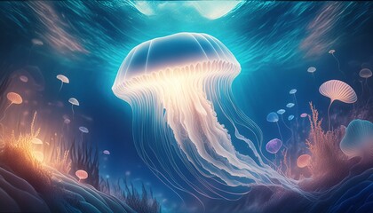 An ethereal jellyfish floating gracefully through the deep ocean, its translucent body pulsa 