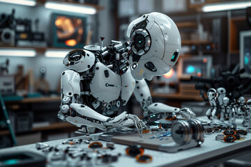 Fototapeta premium A futuristic robot workshop where AI-generated robots assemble themselves from a jumble of parts, sparking curiosity and imagination.