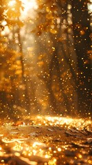 gold glitter, sparkling and shining with a bokeh effect blurred forest in the background