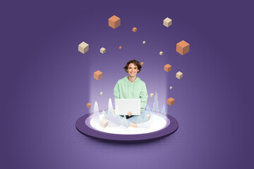 Collage image artwork banner of charming nice woman sitting working wireless netbook isolated on...