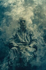 Portrait of an elderly man engulfed in swirls of smoke, sitting passively with a contemplative expression, representing idleness and the passage of time