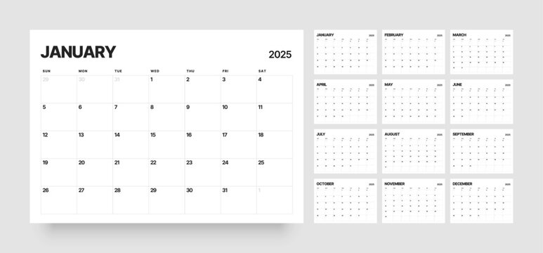 Monthly calendar template for 2025 year. Diary planner for 2025 year. Week Starts on Sunday. 