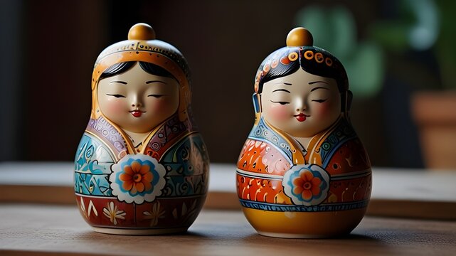 Brightly painted population of wooden Matryoshka or Babuska stacking dolls. Varying sizes. Females faces with red lipstick and rosy cheeks. Girls in traditional floral dresses and scarfs, hand-painted