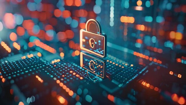 This lock rests on the top edge of a computer screen, symbolizing security and protection in the digital world.