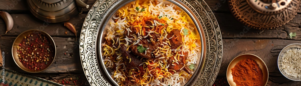 Wall mural biryani with fragrant basmati rice, tender lamb, and aromatic spices, served on a decorative plate w