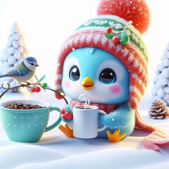 cute bird winter drinking coffee cartoon , 3d gENERATIVE ai
