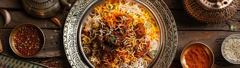 Biryani with fragrant basmati rice, tender lamb, and aromatic spices, served on a decorative plate with a festive Indian wedding scene