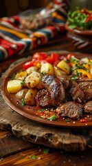 Fototapeta premium Bolivian pique macho, a platter with beef, sausage, potatoes, and vegetables, served on a rustic plate with a festive Bolivian street scene