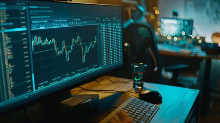 Stock market data on monitor. Business financial graph on monitor screen. Stock market data on monitor. Business financial graph on monitor