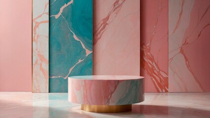 Empty pink marble scene podium mockup. exposition Round exhibit table made of stone. Unoccupied light platform in pink and turquoise marble room. Perfect for luxury lifestyle presentations.