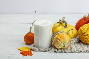 Autumn cozy composition. Pumpkins in a basket, candles, cones, seeds. Traditional fall decor