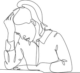 Continuous line drawings of a young woman feeling sad, tired and worried about mental health depression. problems, failures and broken heart concepts isolated on white background. 