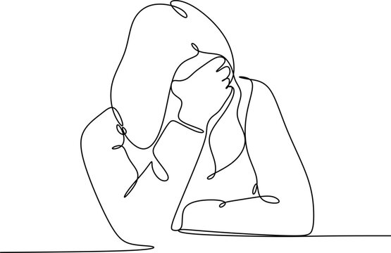 recommend clip art: Continuous line drawings of a young woman feeling sad, tired and worried about mental health depression. problems, failures and broken heart concepts isolated on white background. 
