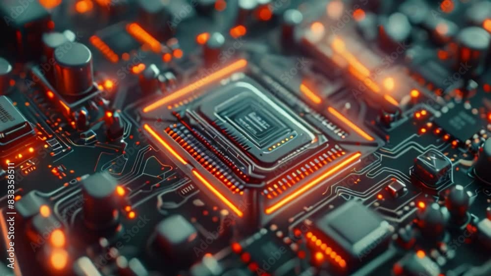 Poster This Detailed view of a computer chip, showing intricate circuitry.