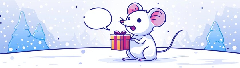 Whimsical mouse exudes joy, kindness, holding a gift, resembling a storybook character in flat color line style