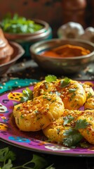 Dhokla, steamed savory cakes made from fermented rice and chickpea batter, served on a colorful plate with a bustling Gujarati market scene