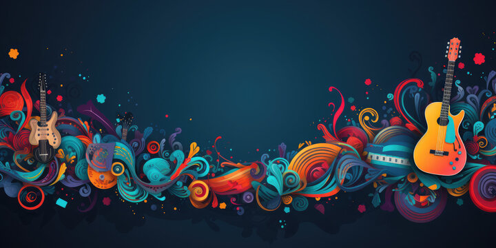 World Music Day. Banner with colorful musical instruments. F?te de la Musique. Design template for posters, invitations, brochures, cards. Wallpaper. Illustration. Copy space. Mock up